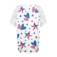 Oalirro Womens cvjetni top 4. jula čipkasti majica vrhovi za žene patriotski V izrez kratki rukav bijeli