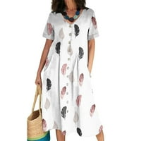 Ženske oblače V-izrez Srednja duljina Cvjetni a-linijski ljetni haljina kratkih rukava bijela XL