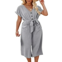 Wdehow Womens Casual Playsuits Široke noge Kormni rukavi Elegantni VACT tipki dolje vrećica dugačke