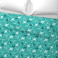 Pamuk Saten Duvet Cover, King Cali King - Forest Christmas Chinjoiserie Aqua Holiday Ptice Nature Woodland