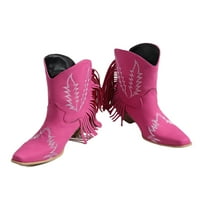 Daeful Womens Fashion Kratki kauboj boot-cot radovi srednje pete Wide-Calf zapadnjačke čizme tamno ružičasta
