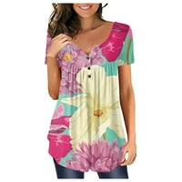 Bluze za slobodno vrijeme s kratkim rukavima cvjetni vrhovi Henley Ljeto za žene vruće ružičaste 3xl