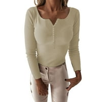 Majice za žene Gumb Top Solid Color Pleted V izrez Top Slim Dugim rukavom Slim Fit Top dna košulja