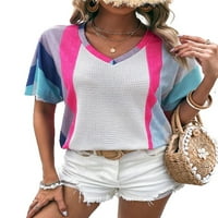 Ženska casual colorblock v izrez kratki rukav višebojni T-majice XL