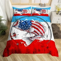 Bass Fish Duvet Cover Twin American zastava Pokrivač, lov i ribolov Komforper Poklopac plavi beli crveni