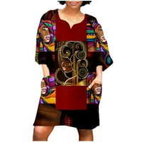 Wendunide Summer Haljine za žene Modni afrički vintage Print Srednji rukav V izrez Ležerna mini haljina
