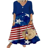 Grianlook Ženska labava rukavica duga haljina V izrez Zastava za izrezu Print Maxi haljine jesen gumb