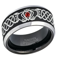 Claddagh Tungsten Prsten - 2-tonske muške vjenčane trake za vodu - 0,07ct Garnet Tungsten prsten - Personalizirani