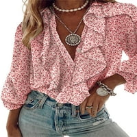Avamo ženski bluzini gumbi na vrhu V izrez košulja Elegantna tunika majica pune boje dugih rukava ružičasta