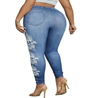 Colisha ženski visoki struk Fau Jean Pants plus veličine pant imitacija traper pantalona mršav Stretch struk jeggings plavi cvjetni 6xl