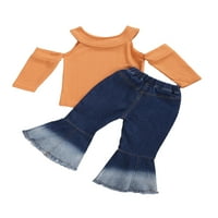 Kiapeise Baby Girl Off-rame Pleteni TOP + traper pantalone, šik stil jednostavna opružna odjeća u boji